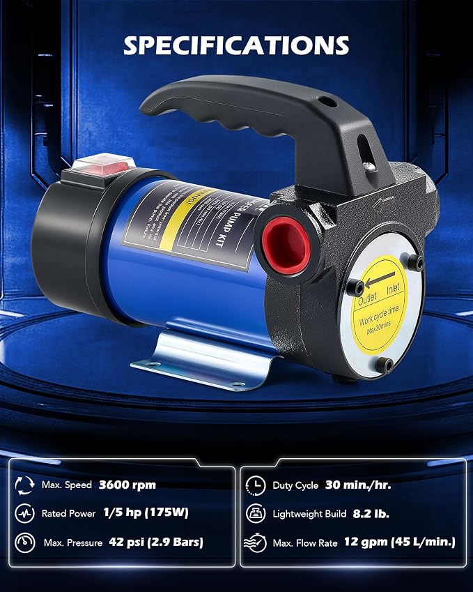 Orion Motor Tech Diesel Transfer Pump, 12 Volt Fuel Transfer Pump with Nozzle Hoses for Transferring Diesel, Kerosene, Self Priming DC Electric Fuel Pump Kit, Oil Not Included