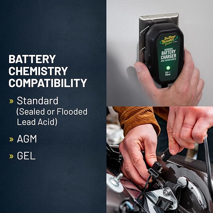 Battery Tender Junior 12V, 750mA Charger and Maintainer: Automatic 12V Powersports for Motorcycle, ATVs, and More - Smarter Than a Trickle Charger - 021-0123