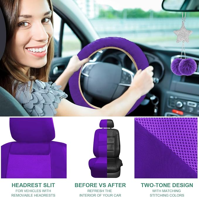 JINGSENCar Seat Cover Full Set for Women with Waterproof Floor Mats,3D Air Mesh Car Seat Cover with 5mm Composite Sponge Inside,Universal Fluffy Steering Wheel Cover,Accessories Full(Purple)