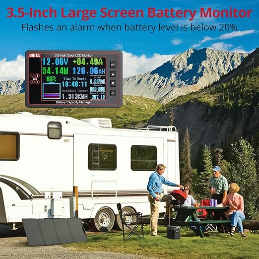 BINTA 500A Battery Monitor with Shunt, 8-100V 3.5 Inch Color Screen for LiFePO4 Lithium Gel Flooded Batteries, High Low Voltage Alarm Backlight for Car RV Golf Cart Solar Panel Boat