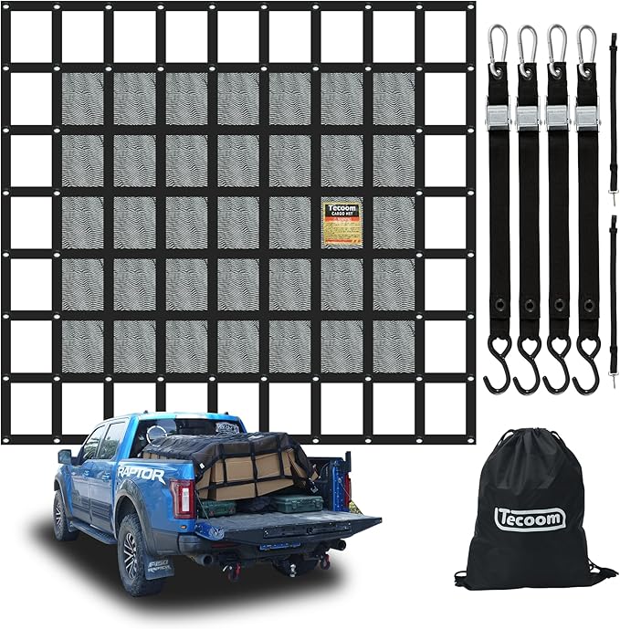 Tecoom Cargo Net with Mesh, 8.4 x 7.51ft 1,500 LBS Capacity Truck Bed Net for Trailer, Trucks, Boat, Jeep, Pickup, Heavy Duty Cargo Net with Adjustable Cam Buckles & S-Hooks & Cross Strap