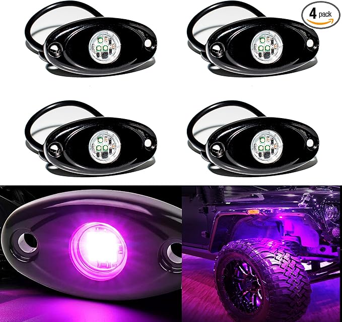 YONEDA 4 Pods Purple Rock Lights 6000K 3LED Bright LED Underglow Lights IP68 Waterproof for Trucks SUV UTV ATV RZR Car Boats Pickup Motorcycle