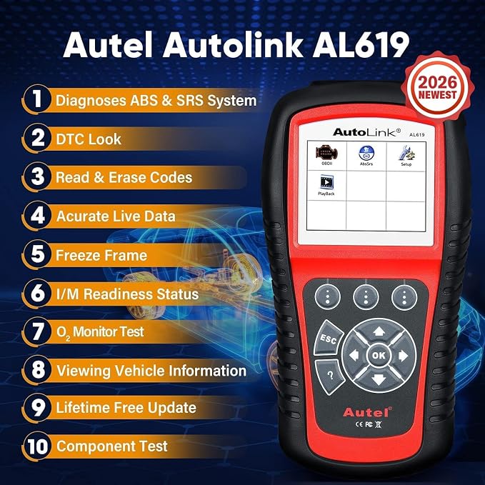 Autel AutoLink AL619 OBD2 Scanner, 2026 ABS SRS Warning Light Diagnostic Scan Tool, Up of AL519 ML519 ML619, 10 OBDII Test Modes, DTCs Lookup, Live Data, Turn Off Check Engine Light OBDII Code Reader
