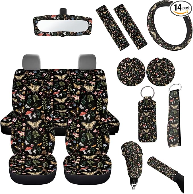 Retro Mushroom Car Seat Cover Back Seat Protection Cover 14pcs Set,Absorbent Coaster+Auto Interior Mirror Cover Accessory+Keychain+Steering Wheel Cover+Gear Shift Knob Handbreak Pads
