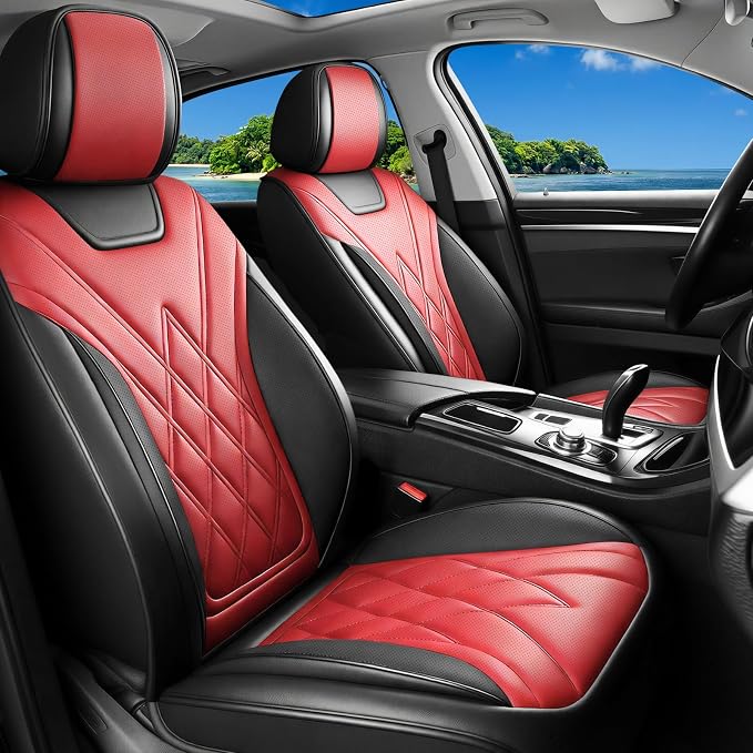 Fit Fusion Car Seat Covers for Ford Fusion 2007-2020 - Luxury Leather, Anti-Slip, All-Weather Seat Cushions, Waterproof & Breathable, Airbag Compatible, Full 5-Seat Set (Red)