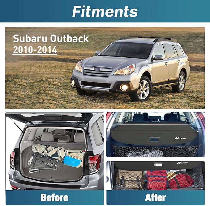 Nilight Cargo Cover Fit for Subaru Outback 2010 2011 2012 2013 2014, Retractable Privacy Security Shield Shade Rear Trunk Cover, with Trunk Storage Net