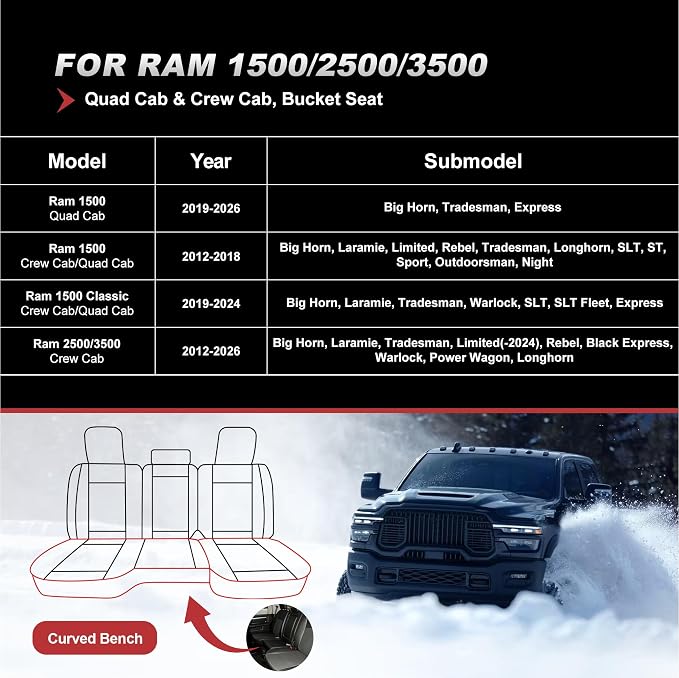 TTX for Dodge RAM 1500 2500 3500 2012-2025 2026 Seat Covers - Waterproof Faux Leather Seat Cushion Cover (Front/Black&Light Grey)