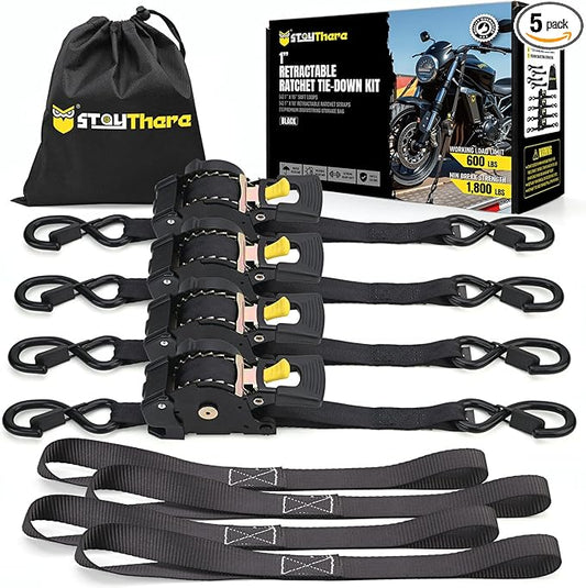 Stay There Retractable Ratchet Straps (4-Pack) - 1 Inch x 10 Feet (1800lb Break Strength) - Heavy Duty Auto Self Retracting Tie Down Straps for Truck, Cargo Trailer, Motorcycle & More - Black
