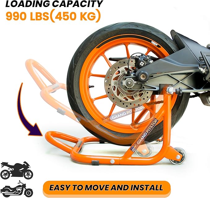 GRAND PITSTOP Motorcycle Stand, Paddock Lift Stand for Rear Wheel with Fork & Swingarm Spool,Weight Capacity 529 lbs/240 Kg's, Dismantable Stand, for Honda Kawasaki Suzuki Motorcycles, Orange