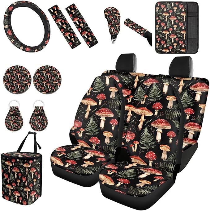 Forchrinse Red Mushroom Car Seat Covers for Women 15Pcs Mushroom Auto Accessories Set Included Steering Wheel Cover Shoulder Armrest Pad Cup Coaster Keychain Trash Can
