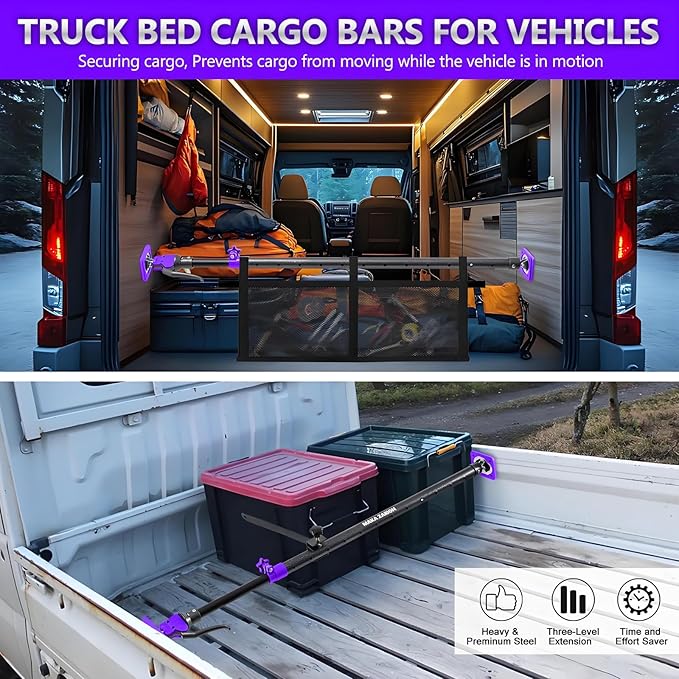 Adjustable Cargo Bar, Truck Bed Divider from 40 to 78.7 in with 200LB Bearing Capacity, Cargo Bar for Pickup, Truck Bed Organizer Cargo Bars for SUV, Trailer, Van, Come with 1 Divider, 1 Cargo Net