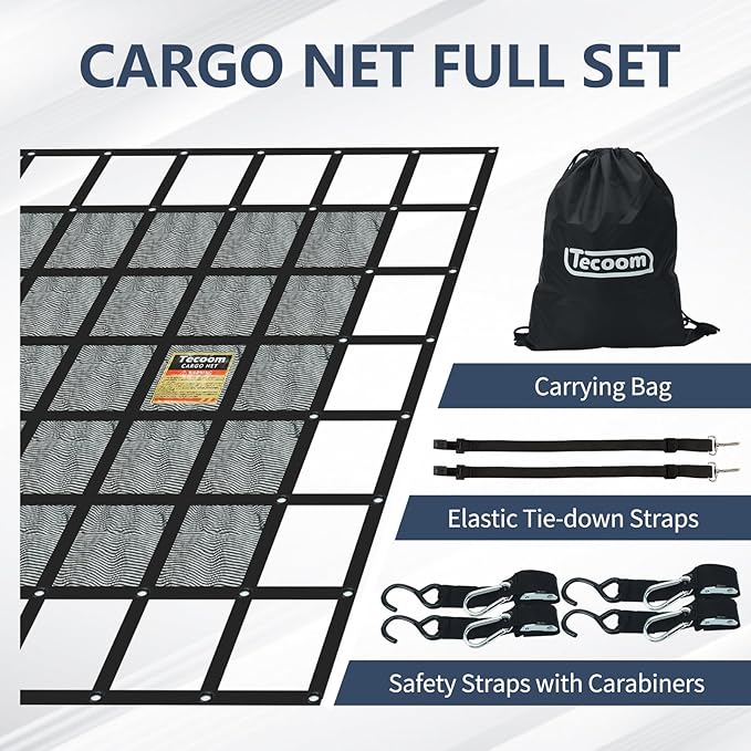 Tecoom Truck Bed Cargo Net, 7.12'x6.66' Heavy Duty for Pickup Truck Bed with Adjustable Cam Buckles, 4 S-Hooks, 2 Cross Strap, 1,500 lbs Capacity Accessory