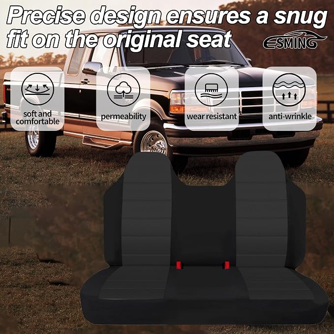 ESMING Front Bench Seat Cover with Molded Headrests for Ford F150 F250 F350 1992 1993 1994 1995 1996 1997 1998 Heavy-Duty Oxford Fabric No Center Armrest Washable Truck Seat Protector - Black