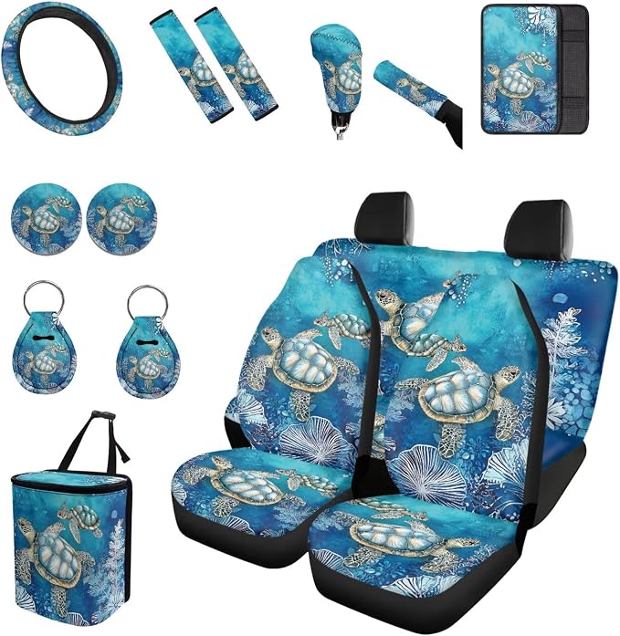 Forchrinse Sea Turtle Car Accessories Set for Men Women 15pcs Car Front Back Seat Covers,Steering Wheel Cover,Seat Belt Pads Gear Shift Knob Handbrake Cover Cup Holder Trash Can