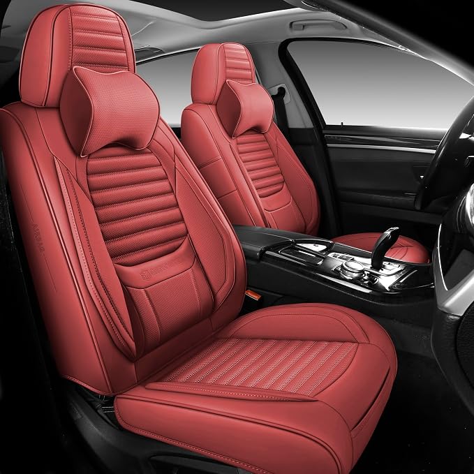 Car Seat Cover Front Set, Front and Rear 2 Faux Leather Seat Covers with Headrest Pillows, Airbag Compatible, Universal Seat Protector for Most SUV Trucks Pickups (Wine Red)