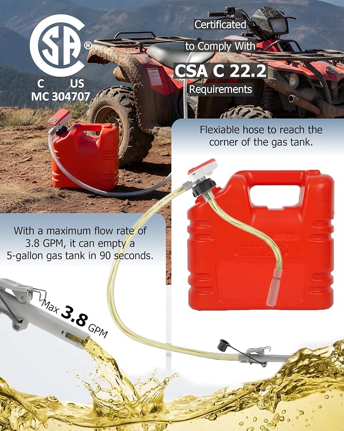 PETASOON Patented Fuel Transfer Pump Battery & USB Powered Operated 3.8GPM Gas Can Electric Automatic Pumps Transfer Gasoline Diesel Oil Liquid Water with Auto Stop(Gas Can Not Included)