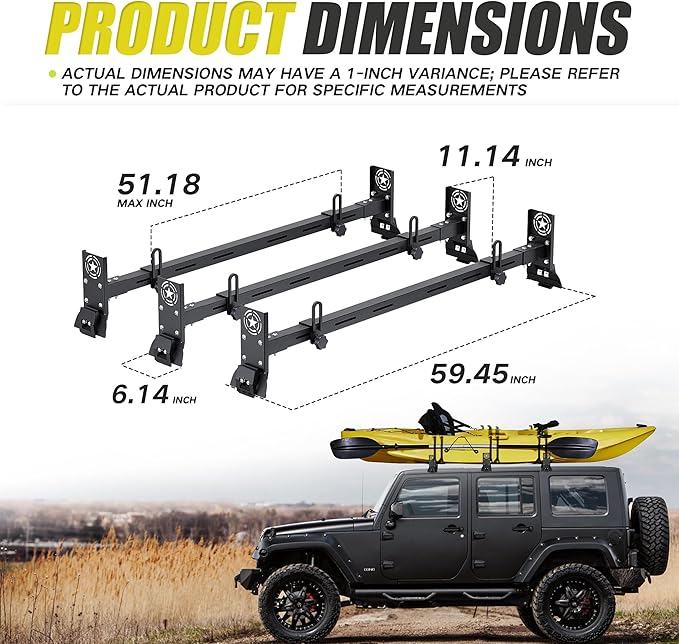 Heavy Duty Roof Rack Cross Bars Compatible with Jeep Wrangler JK JL Gladiator JT 2007-2024（2/4 Door Hard Top)Cargo Bag Kayak Bike Carrier