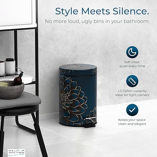 Sanilo Small Bathroom Trash Can with Lid [1.3 Gallon] - Lidded Tiny Trashcan for Garbage - Mini Metal Bin with Soft Closing Mechanism - Bath Room Accessoire Wastebin with Inner Bucket (Dahlia)