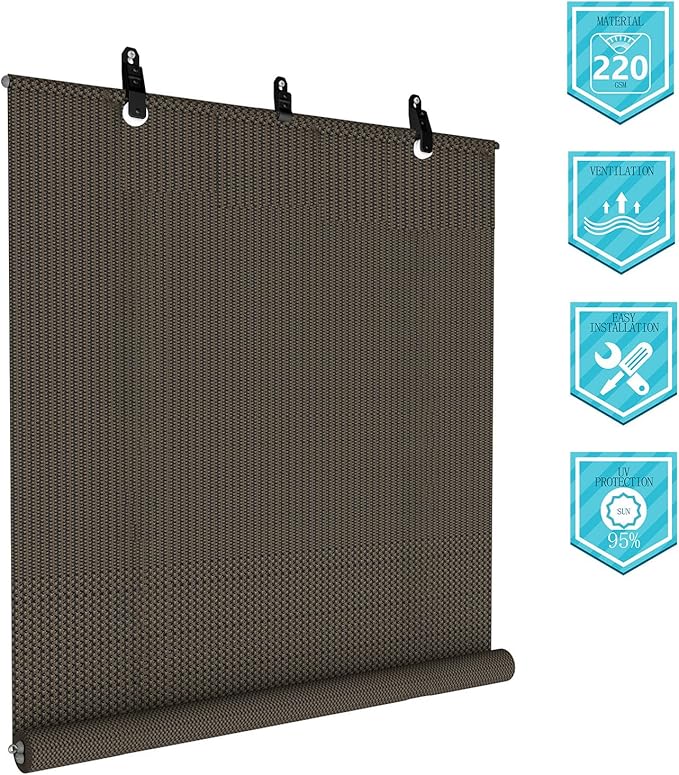 Coarbor Outdoor Roll up Shades Blinds for Porch Pergola Deck Patio Shade Exterior Roller Privacy Shade Screen Brown 8'W x 8'H