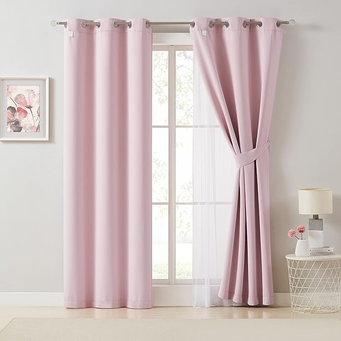 Bujasso Pink Blackout Curtains with Sheer Overlay Mix and Match Double Layer 80% Room Darkening Window Treatment Set for Girls Bedroom Living Room Pink Drapes with Tiebacks Grommet Top 54" Wx84 Lx2