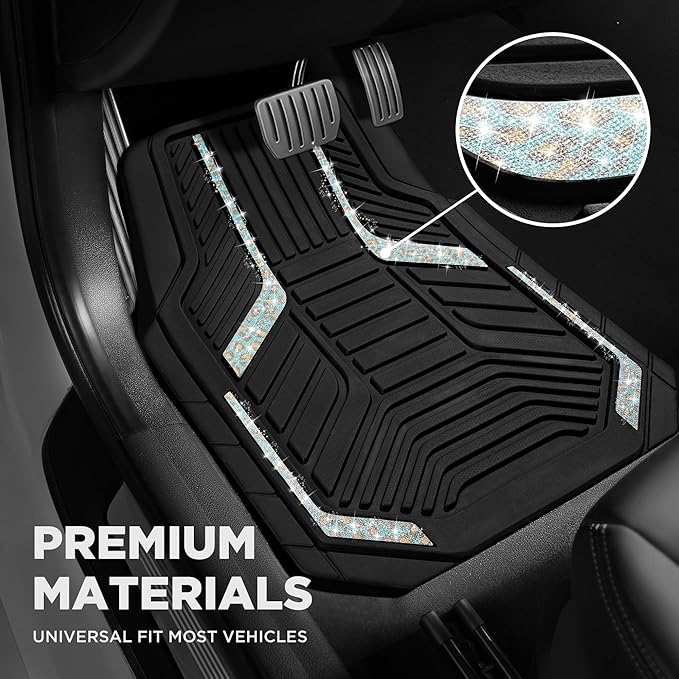 PIC AUTO Car Floor Mats, Leopard Sparkly Crystal Bling Glitter Car Mats Set, Front and Rear Heavy Duty Rubber Car Mats with Anti-Slip Backing, All Weather, Trim-to-Fit for Automotive SUVs, Sedan, Vans