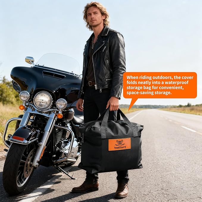 Motorcycle Cover, 107 Inch Touring Models Specific Vehicle Cover Storage Suitable for Road King, Road Glide, Street Glide, Electra Glide, Low Rider-ST and Most Motorcycles Grey