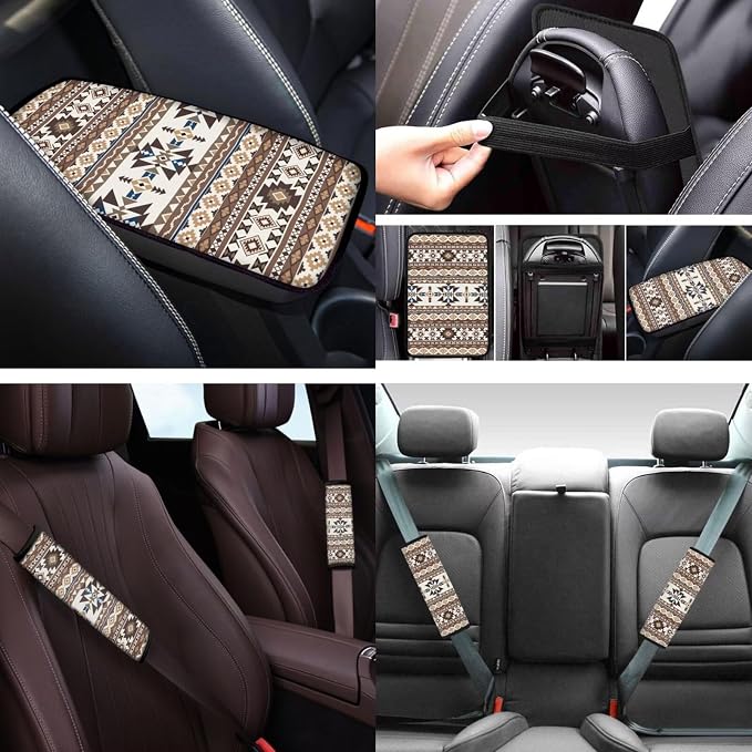 Fashion Aztec Car Seat Covers Sets 12 Pieces Center Console Cover Car Steering Wheel Cover Seat Belt Pads Car Interior Accessories Universal Fit for Cars SUV