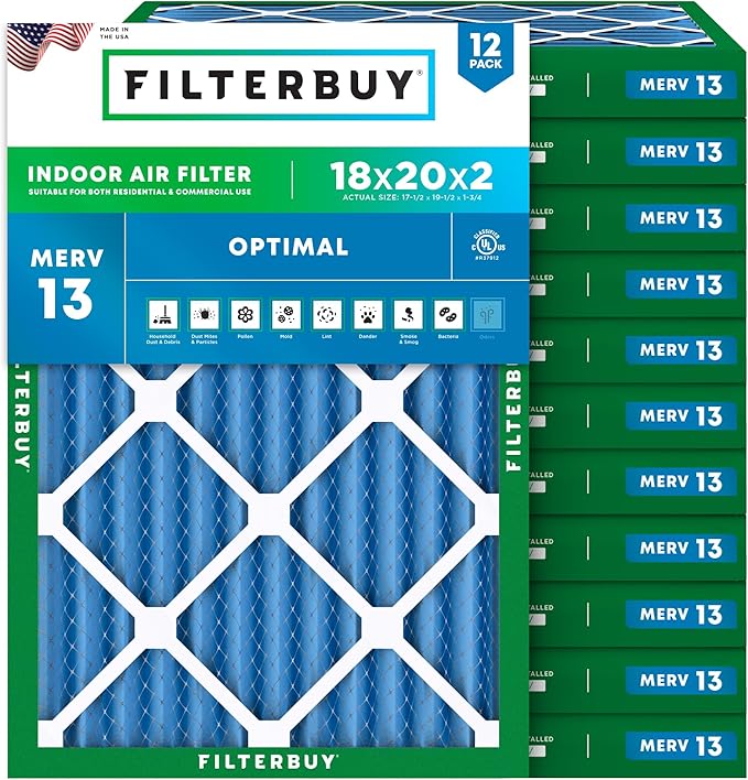 Filterbuy 18x20x2 Air Filter MERV 13 Optimal Smoke & Allergy Defense (12-Pack), Electrostatic Pleated HVAC AC Furnace Filters Replacement (Actual Size: 17.50 x 19.50 x 1.75)