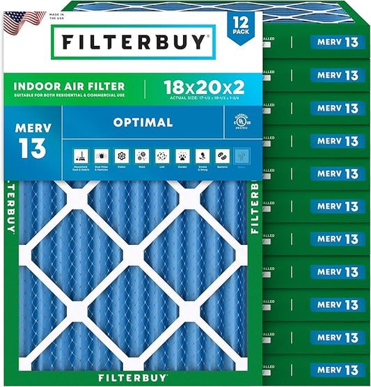 Filterbuy 18x20x2 Air Filter MERV 13 Optimal Smoke & Allergy Defense (12-Pack), Electrostatic Pleated HVAC AC Furnace Filters Replacement (Actual Size: 17.50 x 19.50 x 1.75)