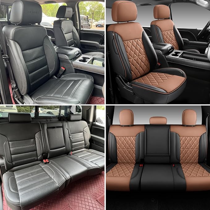 Custom Napa Leather Seat Covers for Chevy Silverado & GMC Sierra Crew Cab, 46-Split Flat Rear Bench Design, Compatible with 2019-2026 1500 and 2020-2026 2500HD 3500HD(Full Set, Black&Brown)