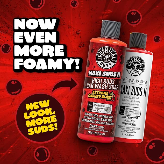 Chemical Guys CWS_101_16 Maxi-Suds II Foaming Car Wash Soap (Works with Foam Cannons, Foam Guns or Bucket Washes) Safe for Cars, Trucks, Motorcycles, RVs & More, 16 fl oz, Cherry Scent (Pack of 2)