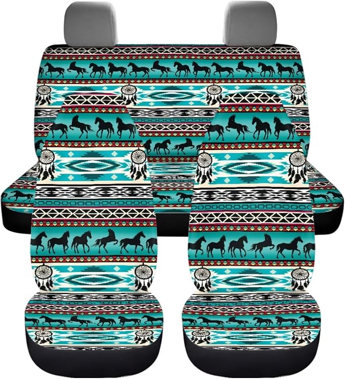 Dreaweet Aztec Car Seat Covers Full Set Native American Dreamcatcher and Horse Seat Covers with Steering Wheel Cover,Armrest Pads,Seat Belt Pads,Coasters,Gear Shift & Handbrake Cover,Universal Fit