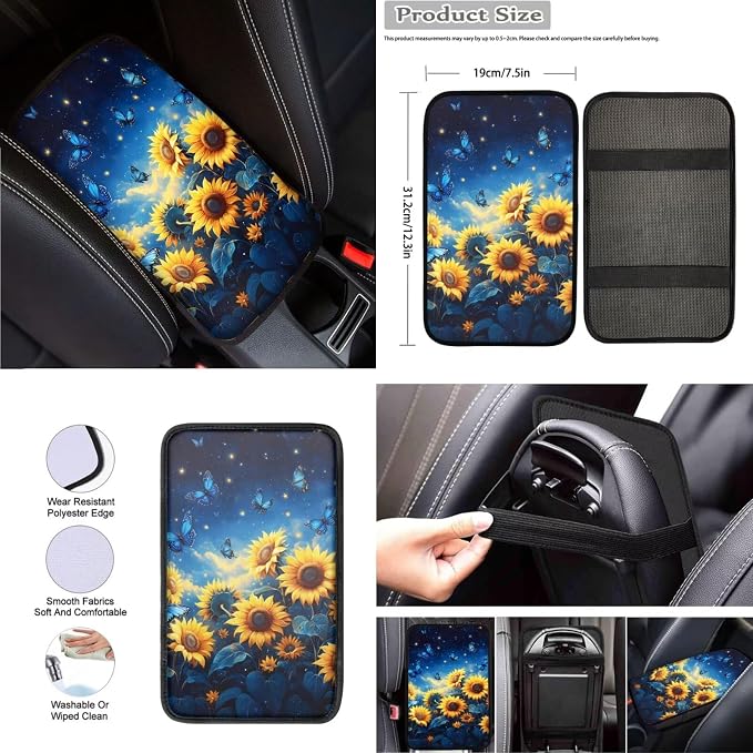 8 Pcs Sunflower Butterfly Car Interior Accessories Set for Women, Car Seat Covers Full Set with Auto Steering Wheel Cover Auto Center Console Pad Seat Belt Covers