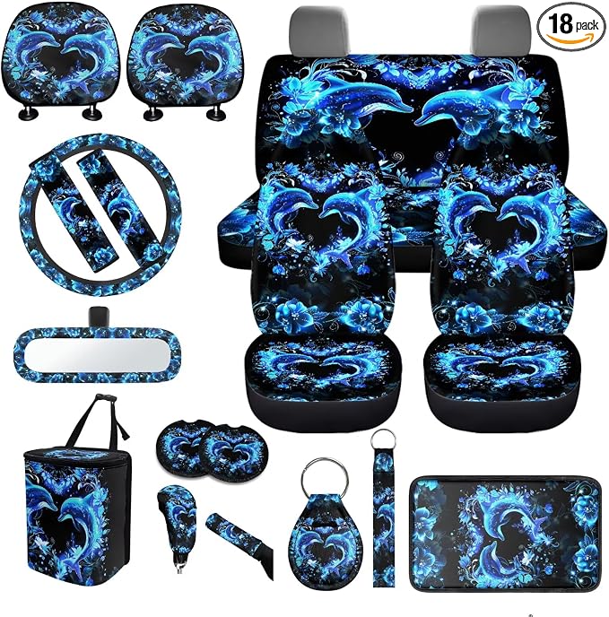 Neon Dolphin Car Seat Covers Full Sets of 18 Pack Blue Dolphin Car Interior Accessories Set with Soft Car Seat Belt Pads Cover Car Headrest Covers Steering Wheel Car Covers Coasters Washable