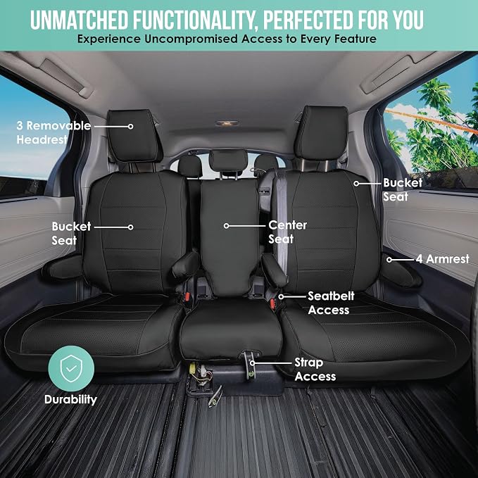 FH Group Custom Fit Car Seat Covers Specifically Made for 2021-2024 Toyota Sienna 8 Seater, Faux Leather Automotive Seat Covers - 2nd Row Black