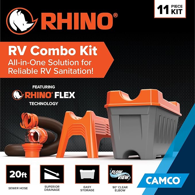 Camco Rhino Ultimate 20' RV Sewer Hose Kit — All-in-One Sewer Hose Solution — 11-Piece Combo Kit Includes Storage Box for Nesting Support & Camper Organization (43075)