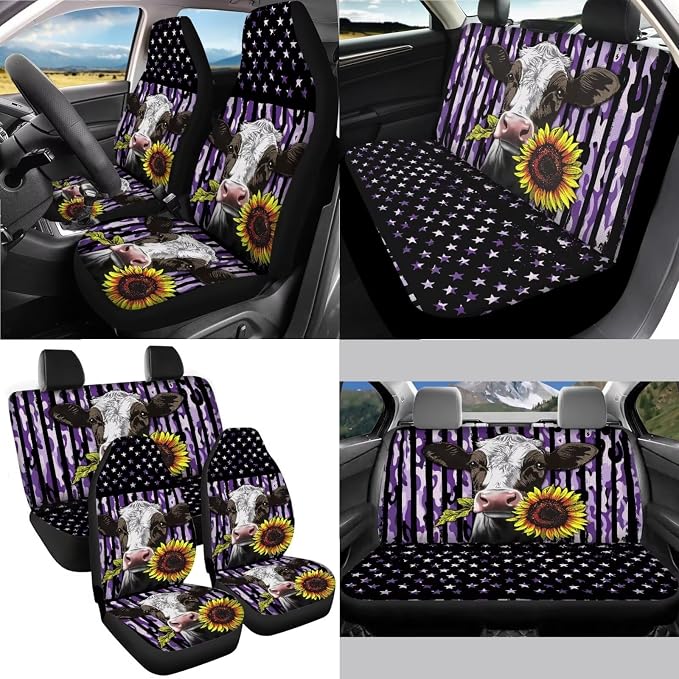Cow Sunflower Camo American Flag Pattern Car Seat Cover Full Set, 13 PCS Car Accessories with 1 Soft Steering Wheel Cover, 4 Safe Belt Cover, 4 PCS Coasters as Gift for Family and Friend