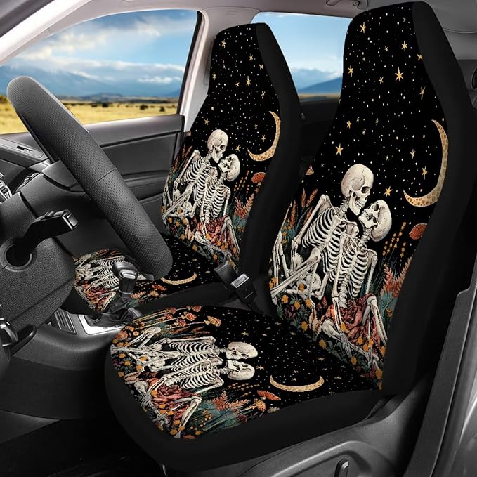 Skull Skeleton Car Accessories Set 17 Pack,Skeleton Skull Car Seat Covers Full Sets with Front and Split Rear BenchVehicle Front Rear Carpets Mats,Seat Belt Shoulder Pad Universal Fit Car