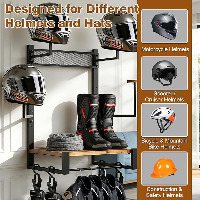 Wall Mounted Motorcycle Helmet Holder, Heavy-Duty Helmet Rack with 4 Helmet Mounts & 4 Glove Clips, Rustic Wall Mounted Organizer with 4 Hooks for Motorcycle Helmets, Shoes, Accessories