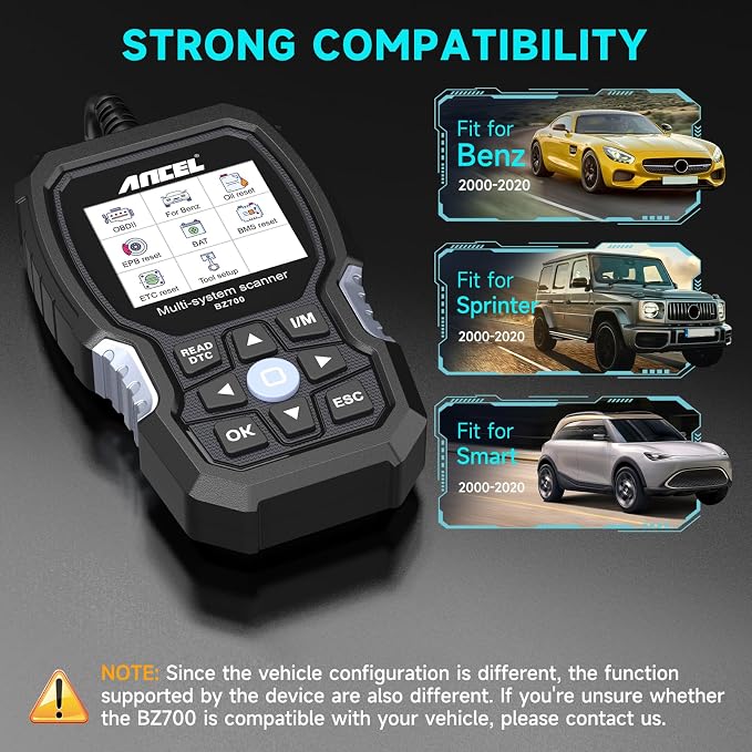 ANCEL BZ700 Mercedes Benz Sprinter/Vaneo/Vito/Viano/V/Metris/Citan/X Smart OBD2 Scanner, Full System Automotive Car Code Reader with All Reset Services, Battery Reset ABS Bleed Airbag EPB Oil SAS TPS