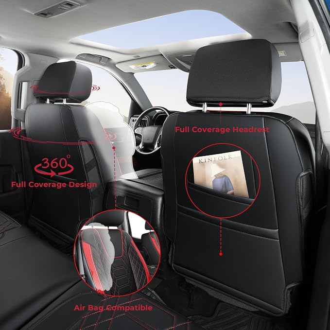 FREESOO for Silverado 2019-2024 2025 2026 Faux Leather Full Set Seat Covers, Fit for Chevy Silverado GMC Sierra 1500 Crew Cab Waterproof Truck Seat Covers BlackRed