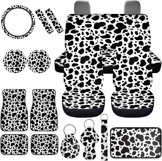 Cow Print Car Seat Covers Set 17 Pack,Cute Cow Print Car Accessories Set Full Sets with Vehicle Front Rear Carpets Mats,Steering Wheel Covers,Seat Belt Shoulder Pad Universal Fit Most Car SUV