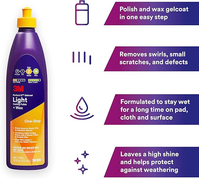 3M Perfect-It Gelcoat Light Cutting Polish + Wax, 36109, 1 Pint, One-Step Process, Removes Scratches and Swirls, Light Oxidation Remover for Boats and RVs