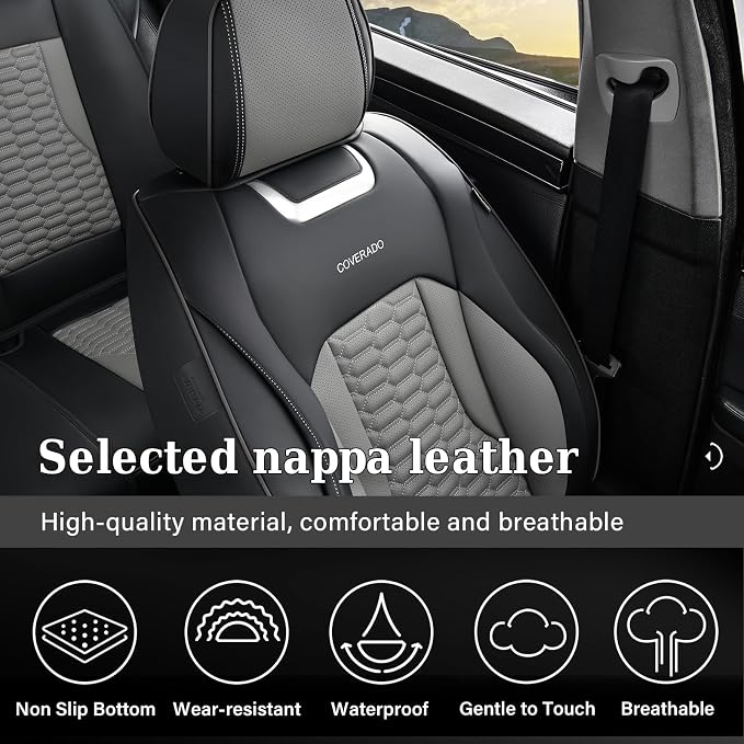Coverado Car Seat Covers Full Set, 5 Seats Nappa Leather Seat Covers for Cars, Waterproof Automotive Car Seat Covers Interior Accessories Universal Fit Most Sedans, SUVs, Pick-up Trucks(Black&Gray)