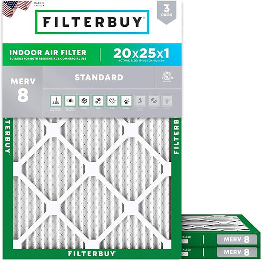Filterbuy 20x25x1 Air Filter MERV 8 Essential Dust & Allergy Defense (3-Pack), Electrostatic Pleated HVAC AC Furnace Filters Replacement (Actual Size: 19.50 x 24.50 x 0.75)