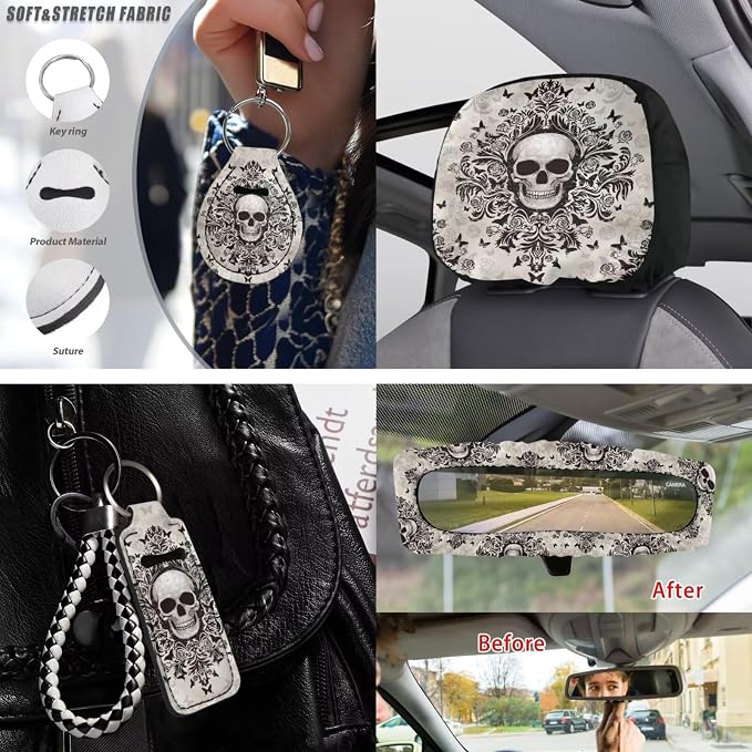 Gothic Skull Print Car Interior Cover Set Includes High Back Seat Covers Steering Wheel Cover Safety Belt Pads Headrest Covers Center Console Pad Cup Cushions Key Chain for Men Women