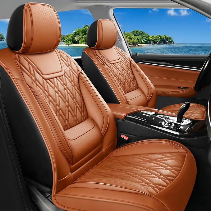 Car Seat Covers Compatible with Ford Taurus 2002-2019 - Full Set 5 Seats Luxury Leather All-Weather Seat Cushions & Protectors, Waterproof & Breathable, Airbag Compatible (Brown)
