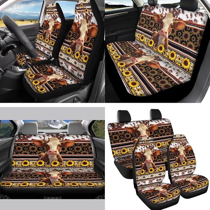 Western Aztec Cow Car Seat Covers Full Sets Cow Car Accessory for Women,Universal Fit Auto Steering Wheel Wrap/Safety Seatbelt Pads/Coasters/Keyrings/Mirror Cover Auto Interior Protector