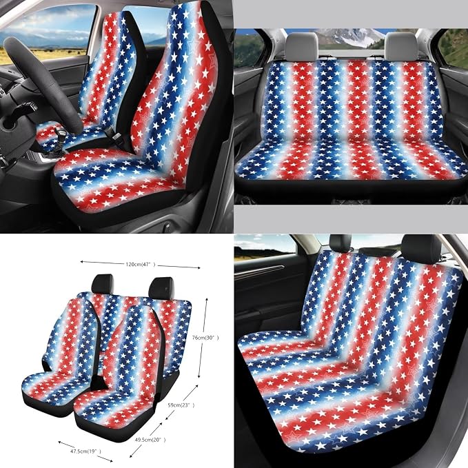 Wanyint Car Seat Cover Set 15 PCS, with Steering Wheel Seat Belt Strap Rear View Mirror Cover Trash Can Cup Coaster Keychain Air Vent Storage Bag 4th of July Patriotic Decor, Star Stripe US Flag