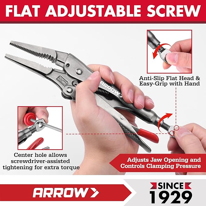 ARROW 10-piece Locking Pliers Set with Tool Bag, Chromium-Molybdenum Vice Grips, 5"/7" Curved Jaw, 6.5"/9.5" Long Nose, 7"/10" Straight Jaw, 7"/10" V-Jaw, 6"/11" C-Clamp Vise Grip Pliers